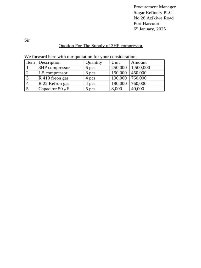 Quotation for Compressor Supply | PDF
