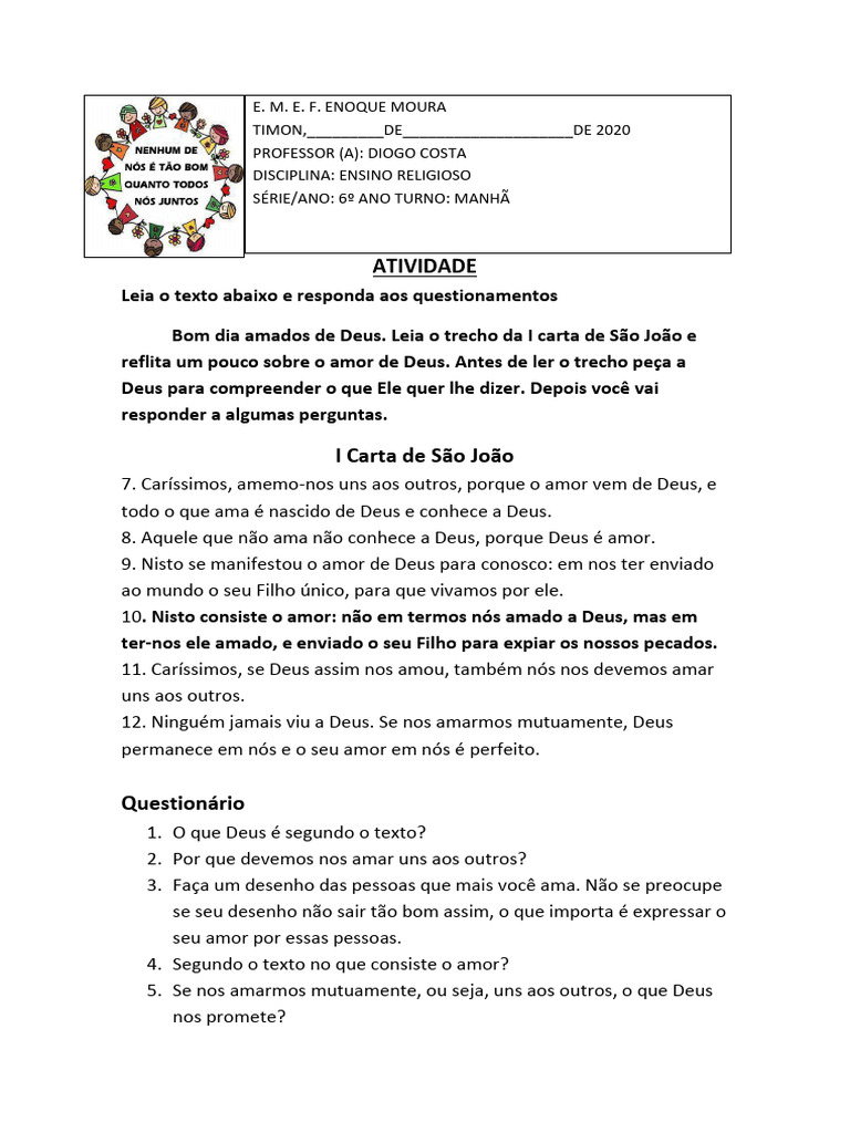 2 Atividade de Ensino Religioso 6 Ano Enoque | PDF