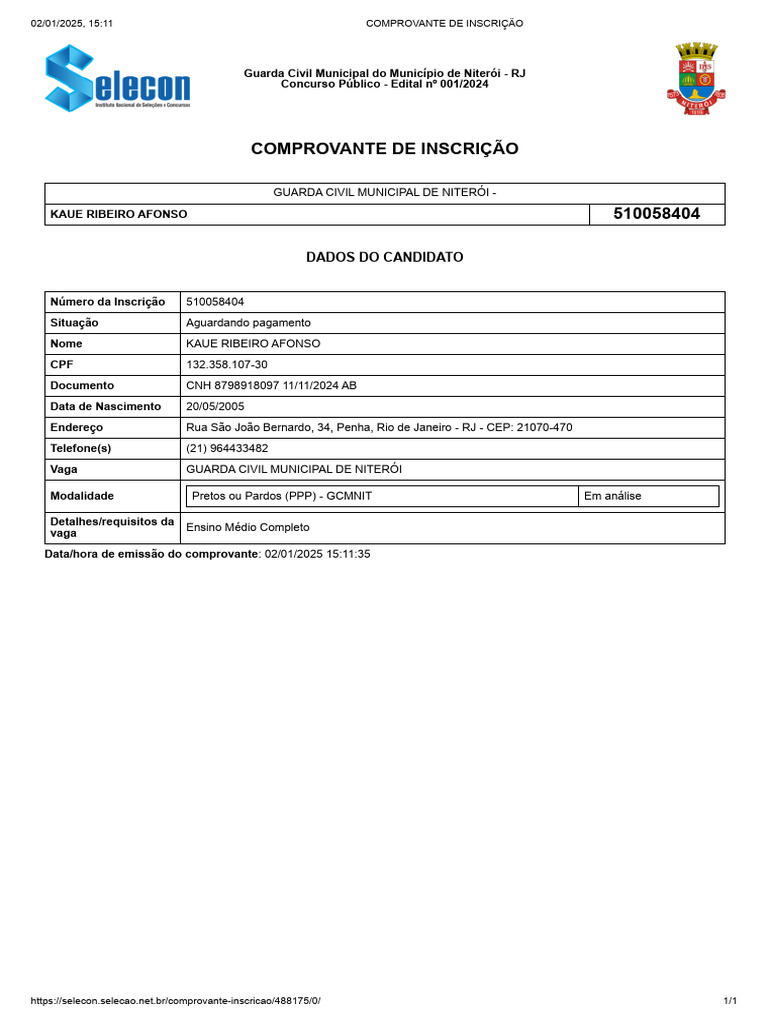 Inscrição Guarda Municipal Niterói | PDF