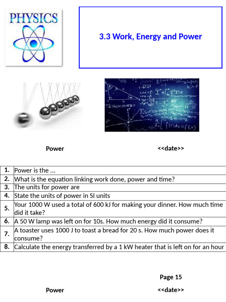 Power, Work, and Energy Calculations | PDF | Power (Physics) | Force