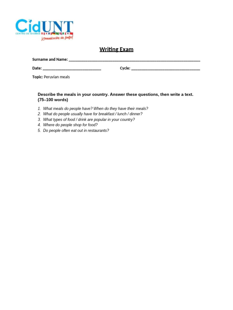 Peruvian Meals Writing Exam Guide | PDF