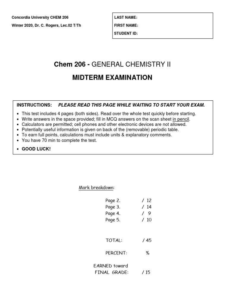 206 Midterm CWR W2020 02TTh | PDF | Chemical Reactions | Vapor