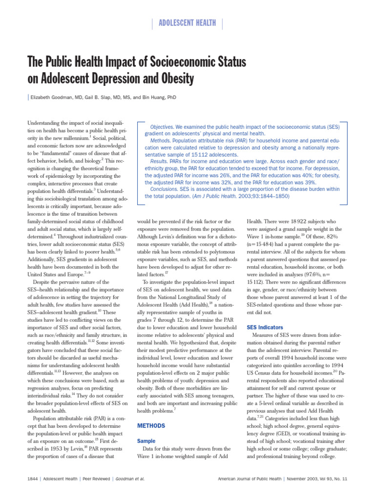 The Public Health Impact of Socioeconomic Status On Adolescent ...
