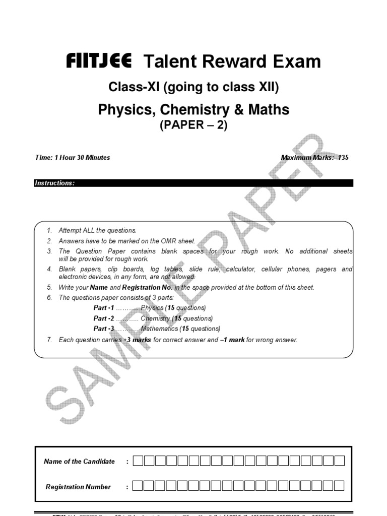 Sample Paper Ftre C Xi Paper 2 PCM | PDF | Mole (Unit) | Circle