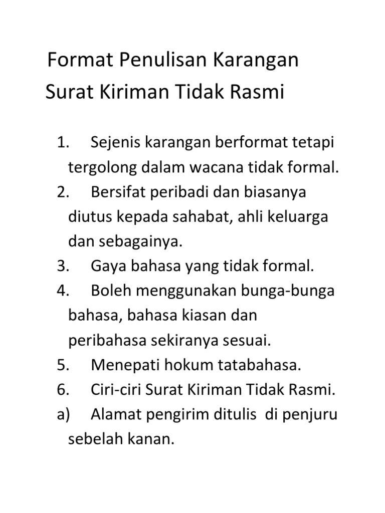 Format Penulisan Karangan Surat Kiriman Tidak Rasmi