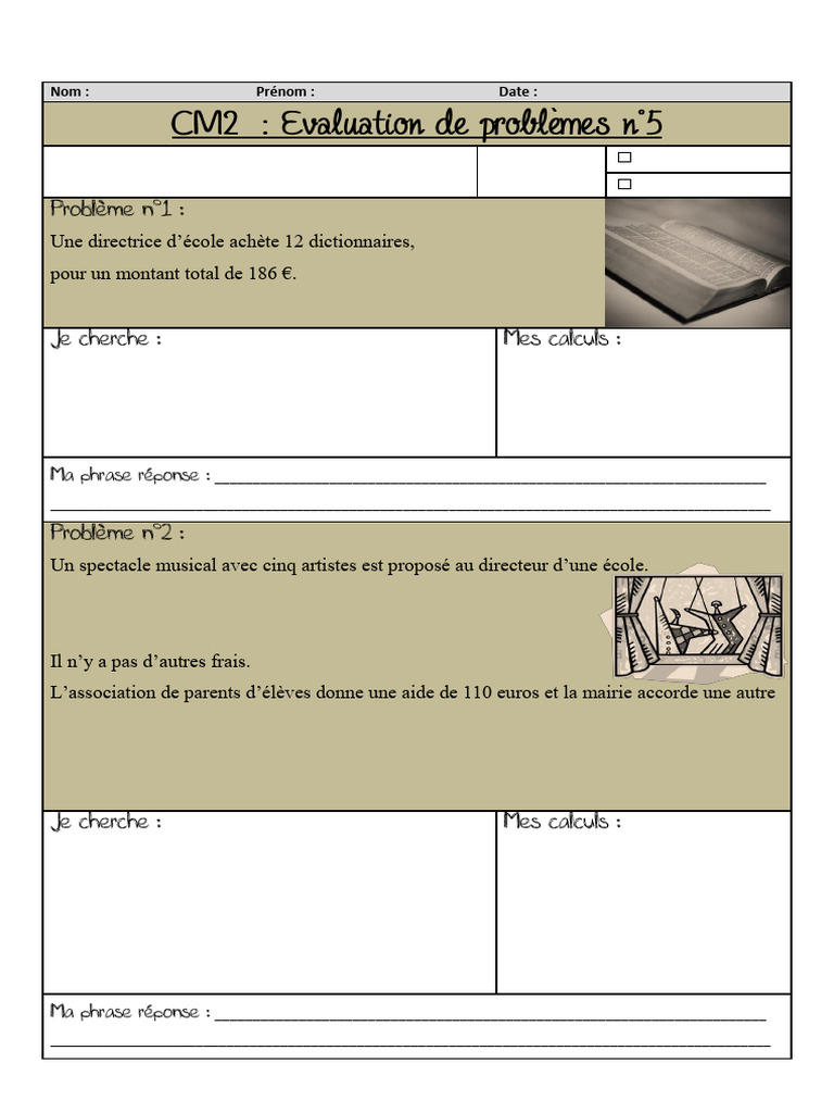 Évaluation CM2 : Résolution de problèmes mathématiques | PDF