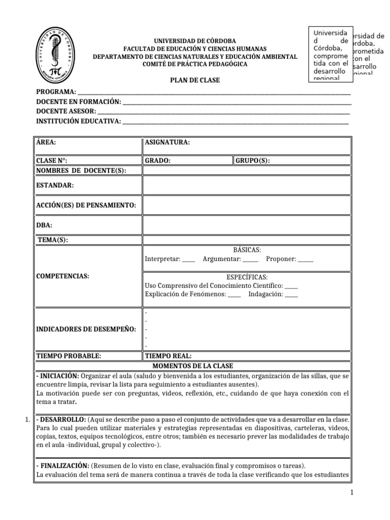 Formato de Plan de Clase | PDF | Maestros | Salón de clases
