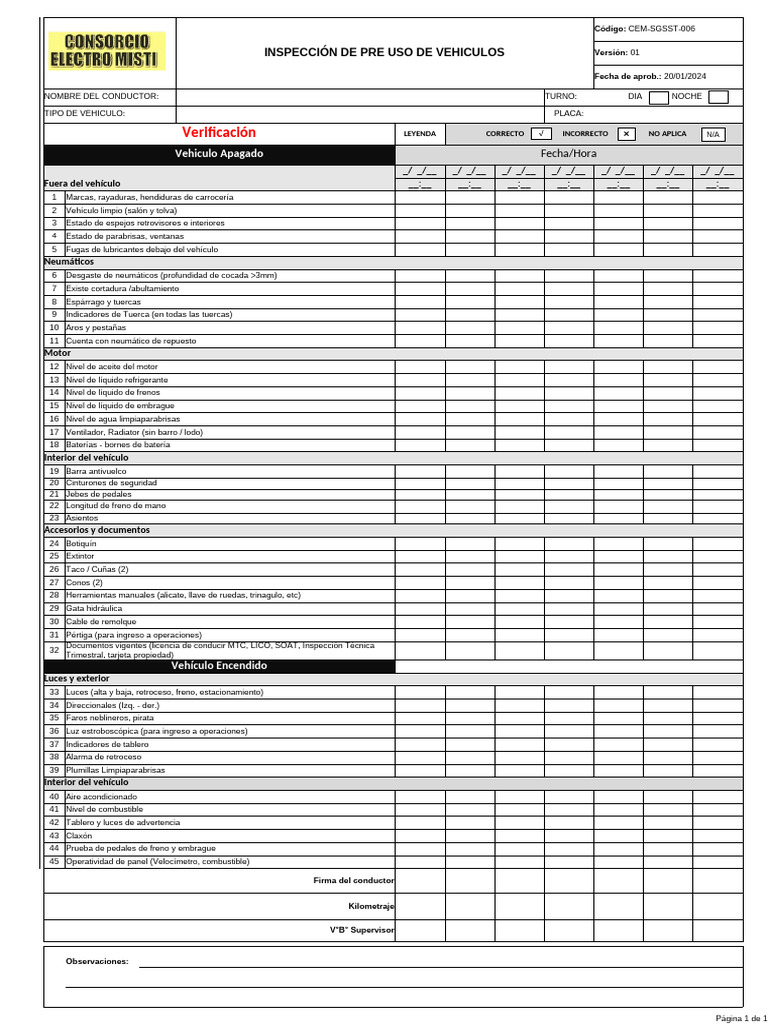 Inspección Pre Uso de Vehículos | PDF | Neumático | Vehículo de motor