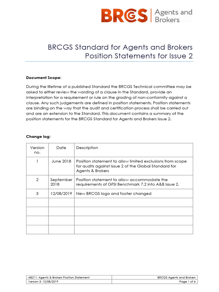 BRCGS Agents & Brokers Position Statement | PDF | Audit | Risk