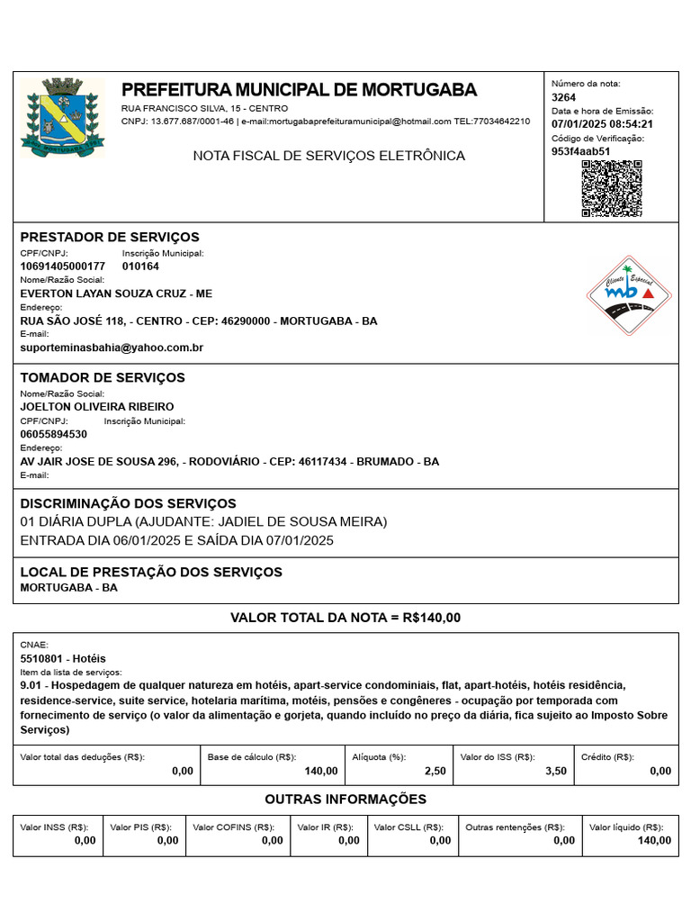 Nota Fiscal de Serviços - Mortugaba BA | PDF | Pagamentos | Economias