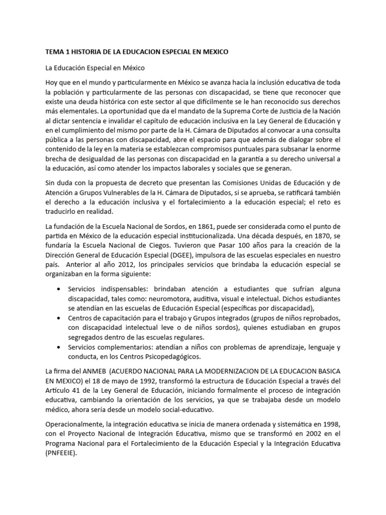 Tema 1 Historia de La Educacion Especial en Mexico | PDF | Educación ...