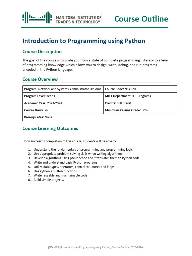 Course Outline - Intro To Programing Using Python NSA520.S24 | PDF ...