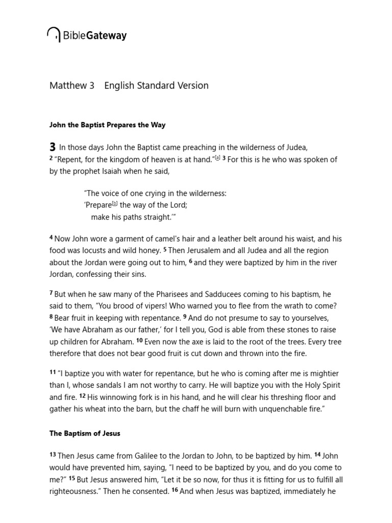 Matthew 3 ESV - John The Baptist Prepares The Way - in | PDF | John The ...