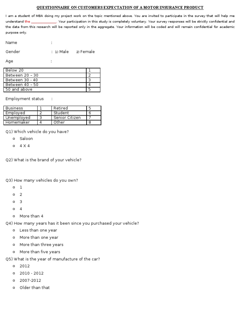 Motor Insurance Questionnaire | Car Rental | Insurance