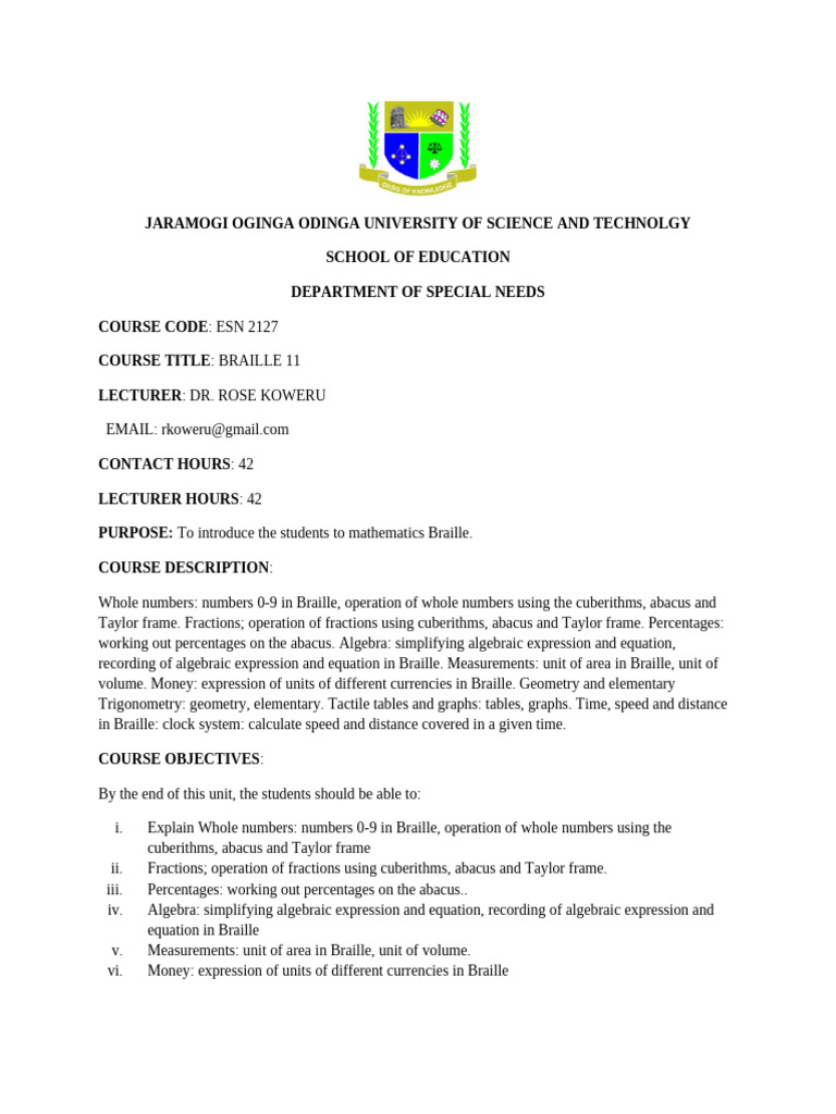Course Outline Braille Ii | PDF | Geometry | Algebra