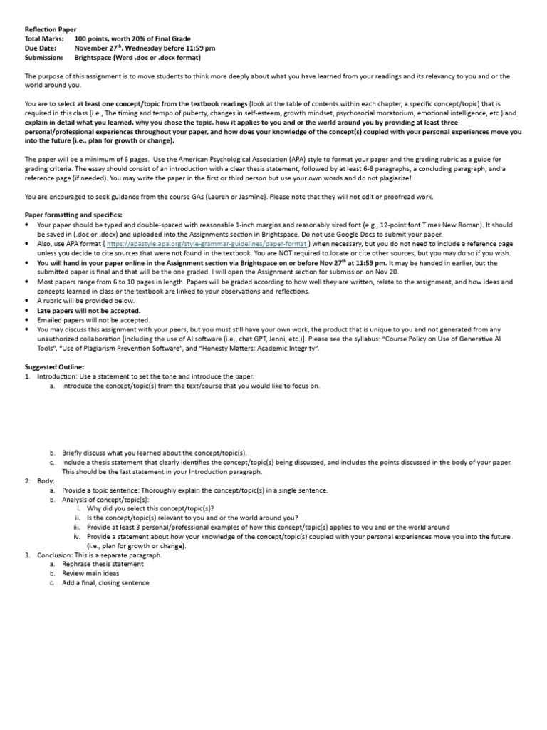 PSYC 2240 Fall 24 Reflection Paper Details and Rubric | PDF | Cognition