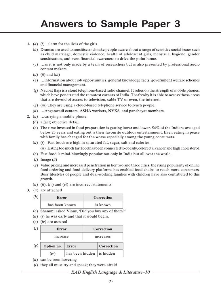 Cbse Cl10 Ead English LLR Answers To Sample Paper 3 | PDF