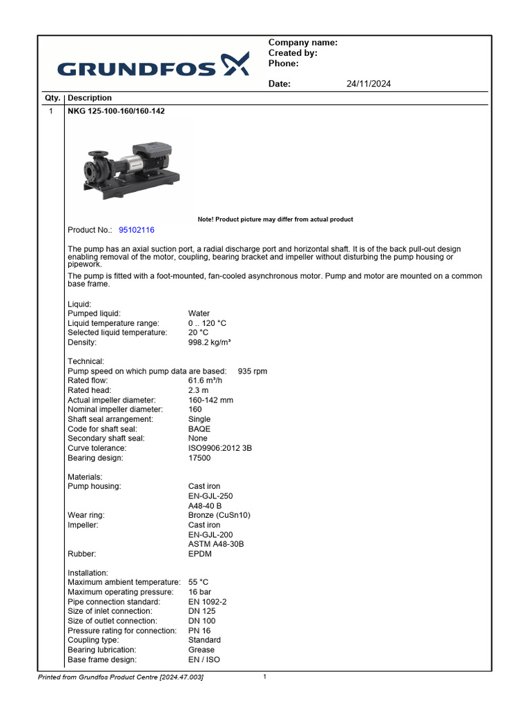 Grundfos NKG 125-100 Pump Specifications | PDF | Pump | Electric Motor