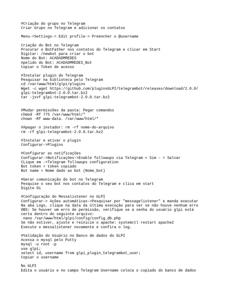Configuração do Bot Telegram no GLPI | PDF | Programas | Informática