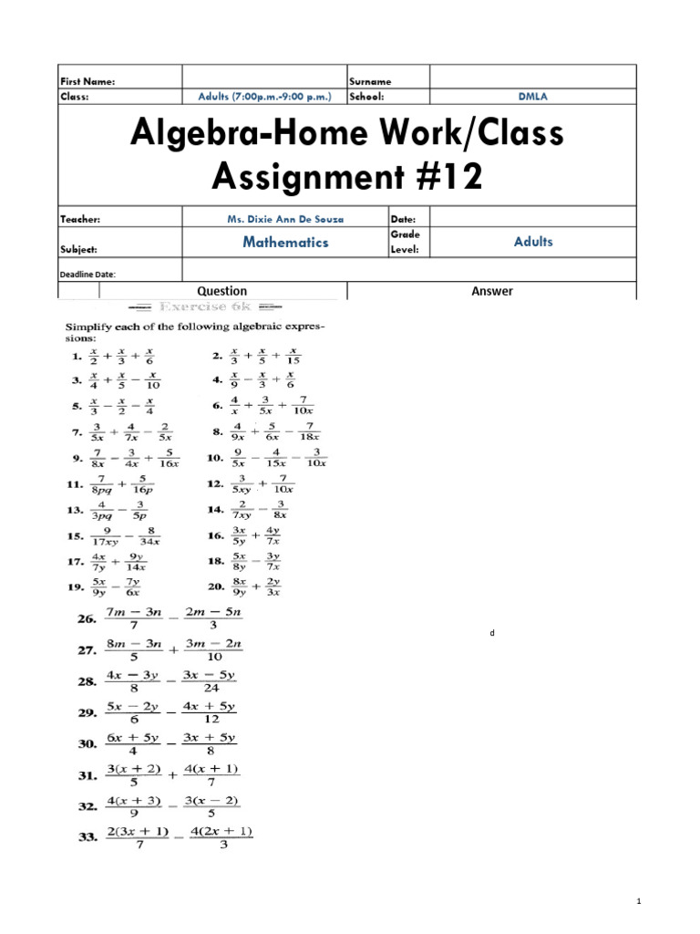 Algebra Homework Assignment #12 | PDF
