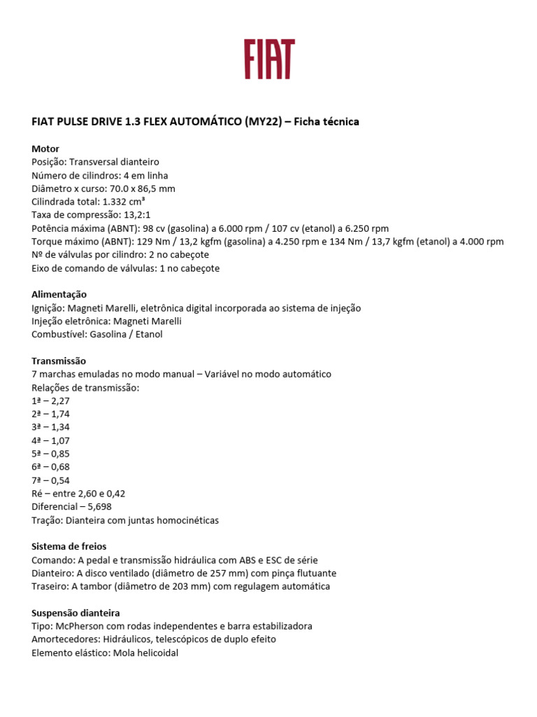 Ficha Técnica FIAT Pulse Drive 1.3 Flex | PDF