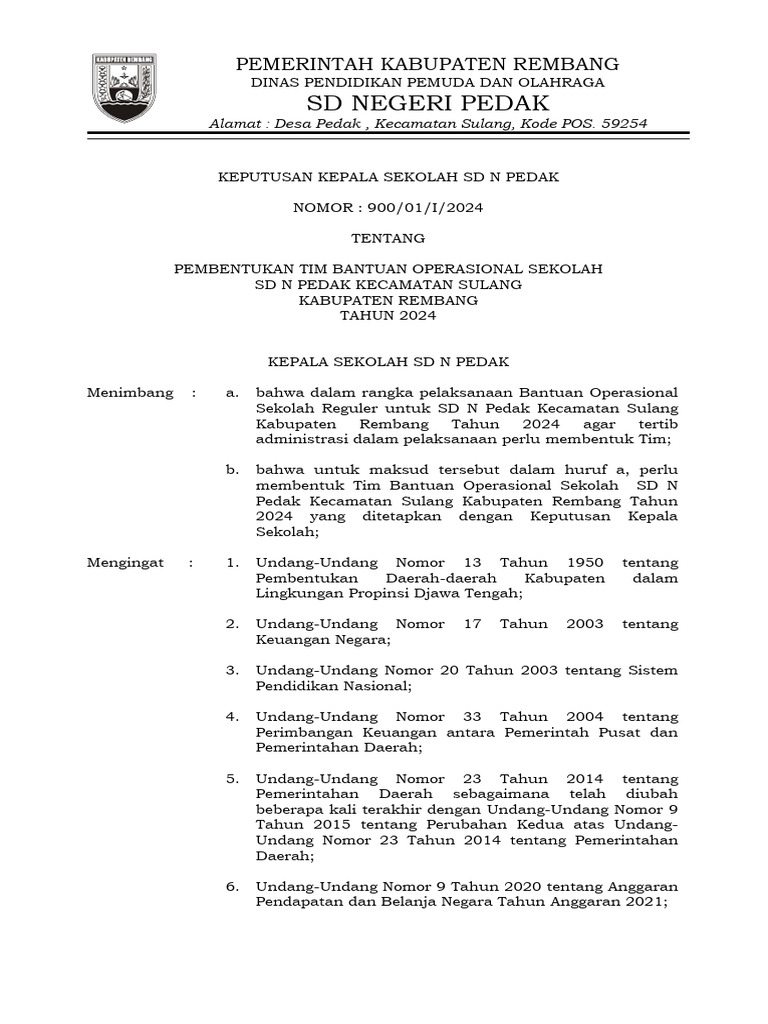 Pembentukan Tim BOS SDN Pedak 2024 | PDF