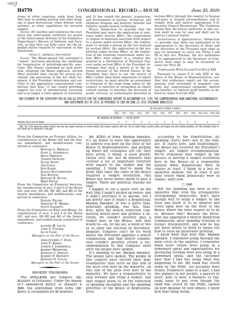 Congressional Records of June 23rd, 2010 - Representative, The Hon ...