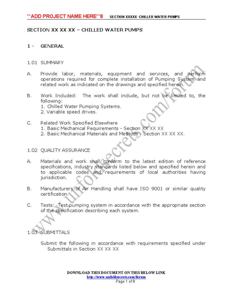 Chilled Water Pump Specifications Guide | PDF | Pump | Valve