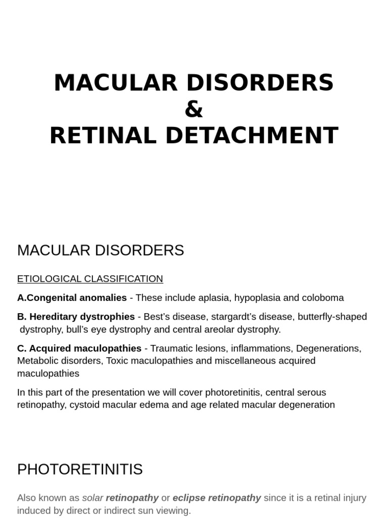 Macular Disorders & Retinal Detachment | PDF | Retina | Medical Specialties