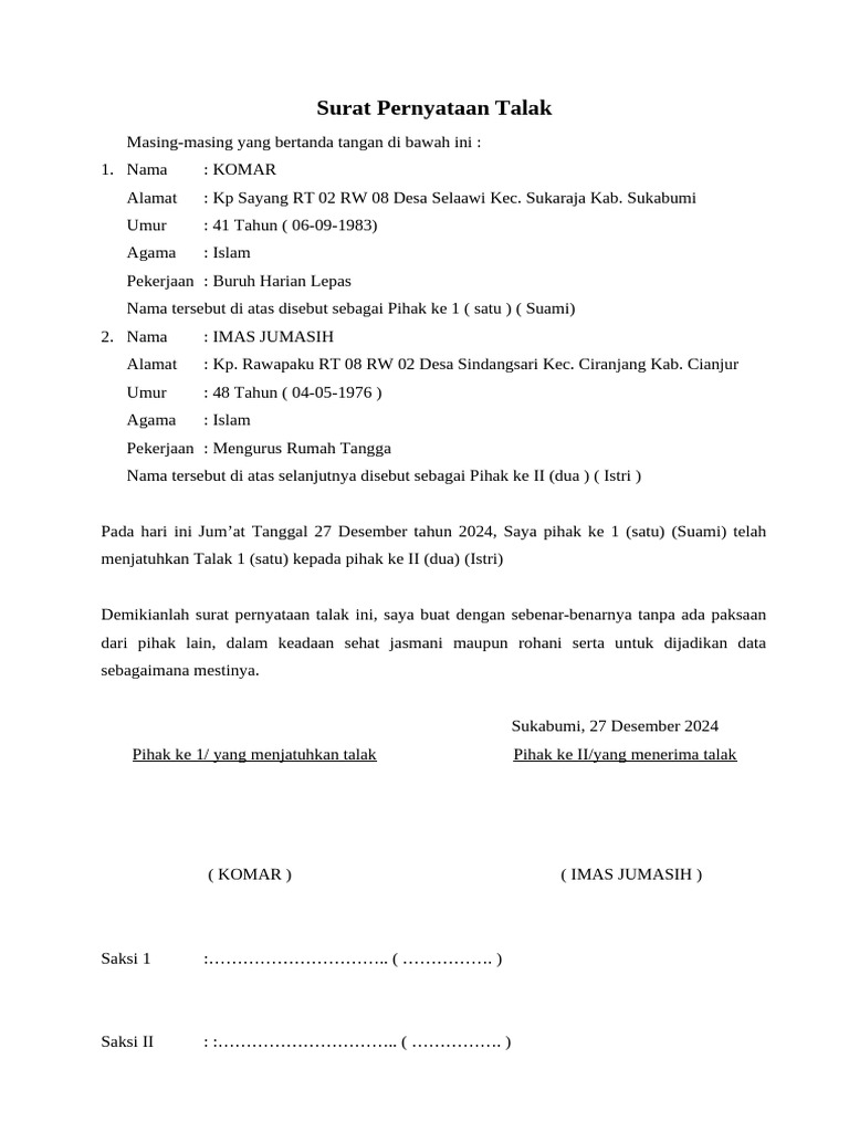 Surat Pernyataan Talak | PDF