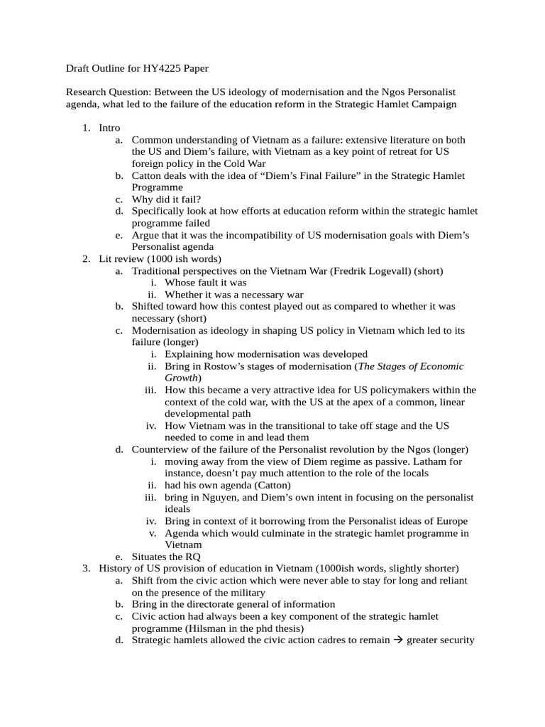 Draft Outline For HY4225 Paper | PDF | Modernization Theory | Ngo Dinh Diem