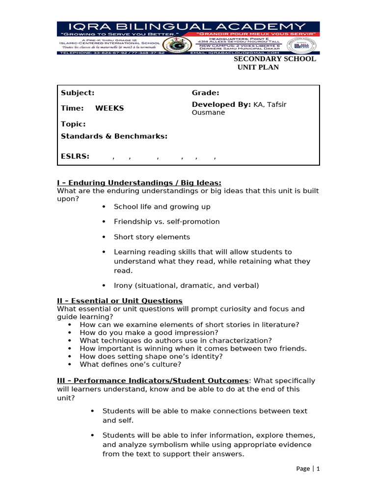 Secondary School Short Story Unit Plan | PDF | Educational Assessment ...