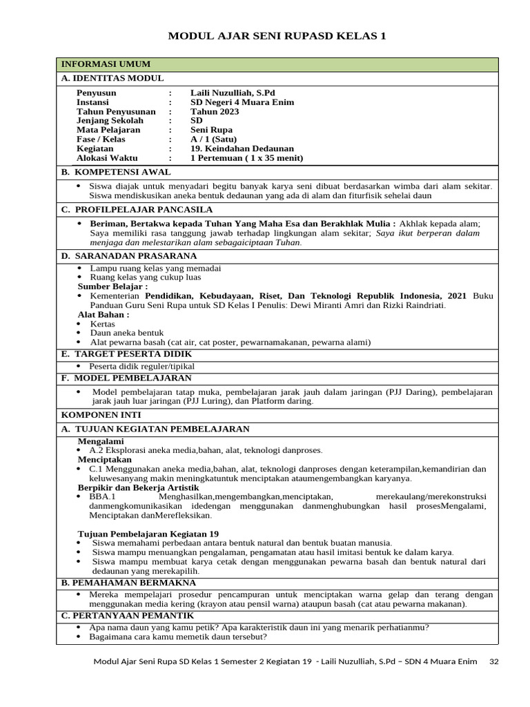 Modul Seni Rupa Kelas 1 SD | PDF