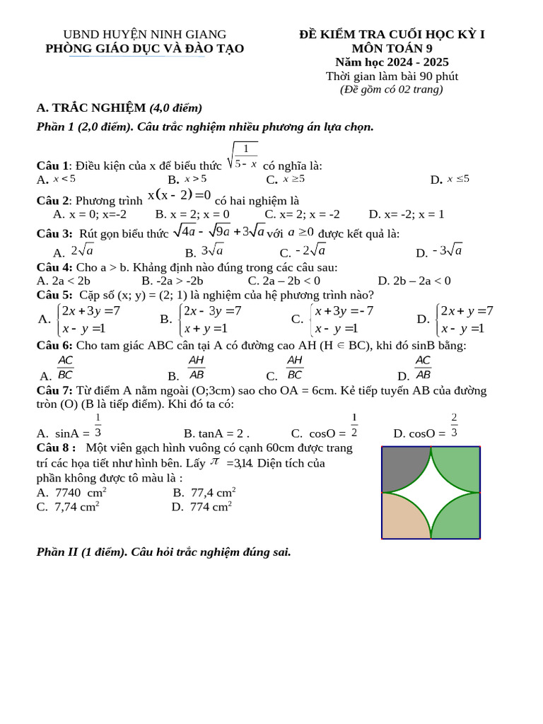 De Cuoi Hoc Ky 1 Toan 9 Nam 2024 2025 Phong GDDT Ninh Giang Hai Duong | PDF