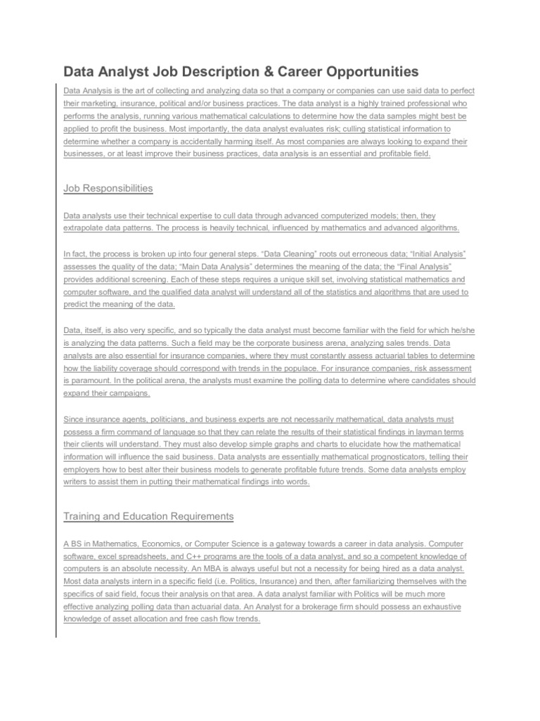 Data Analyst Job Description PDF Intelligence Analysis Data Analysis