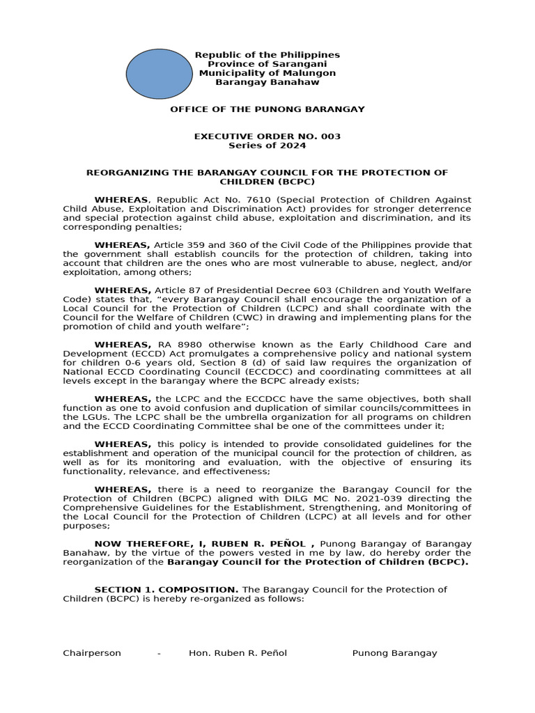 E.O 3 BCPC | PDF | Child Abuse | Child Protection