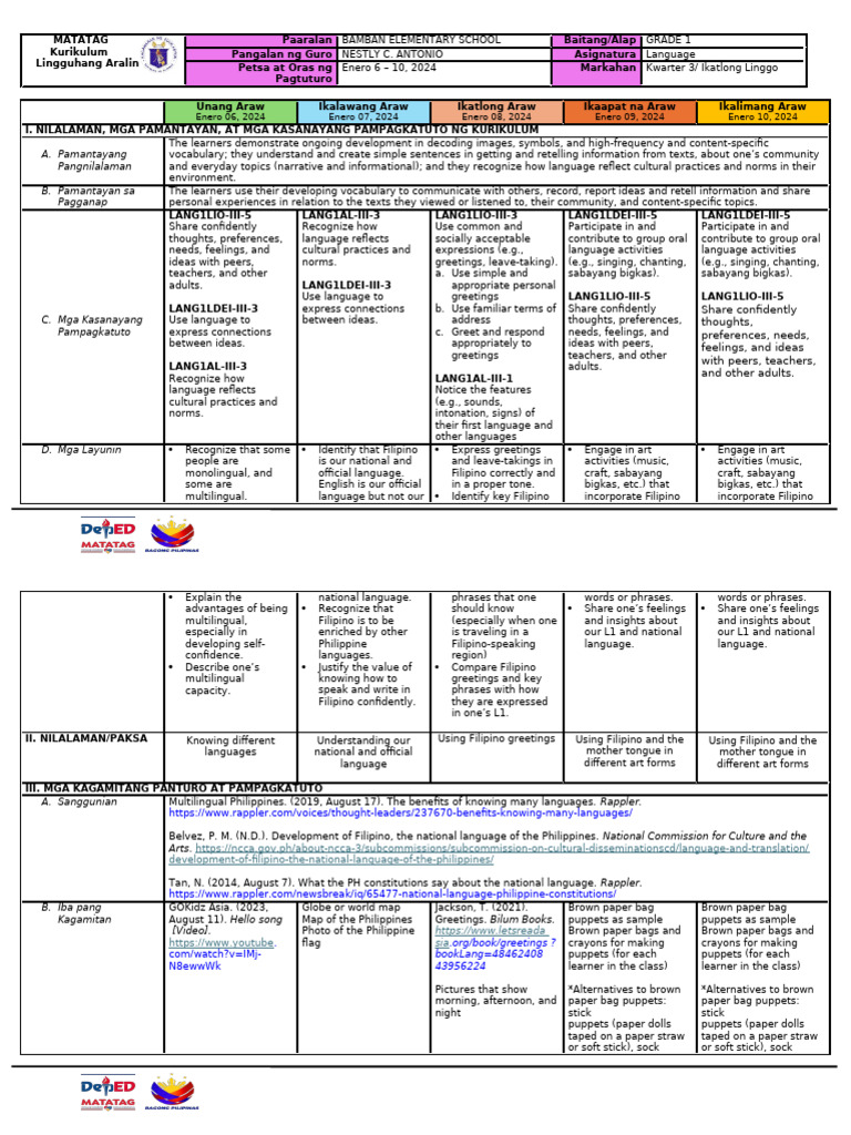 Grade 1 Language Curriculum Week 3 | PDF | Multilingualism | Vocabulary