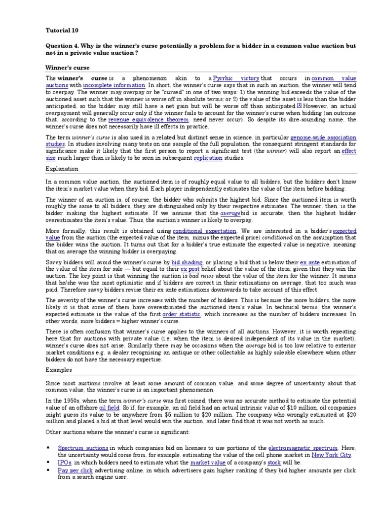 Winner's curse in CV auctions PDF Business Model Game Theory