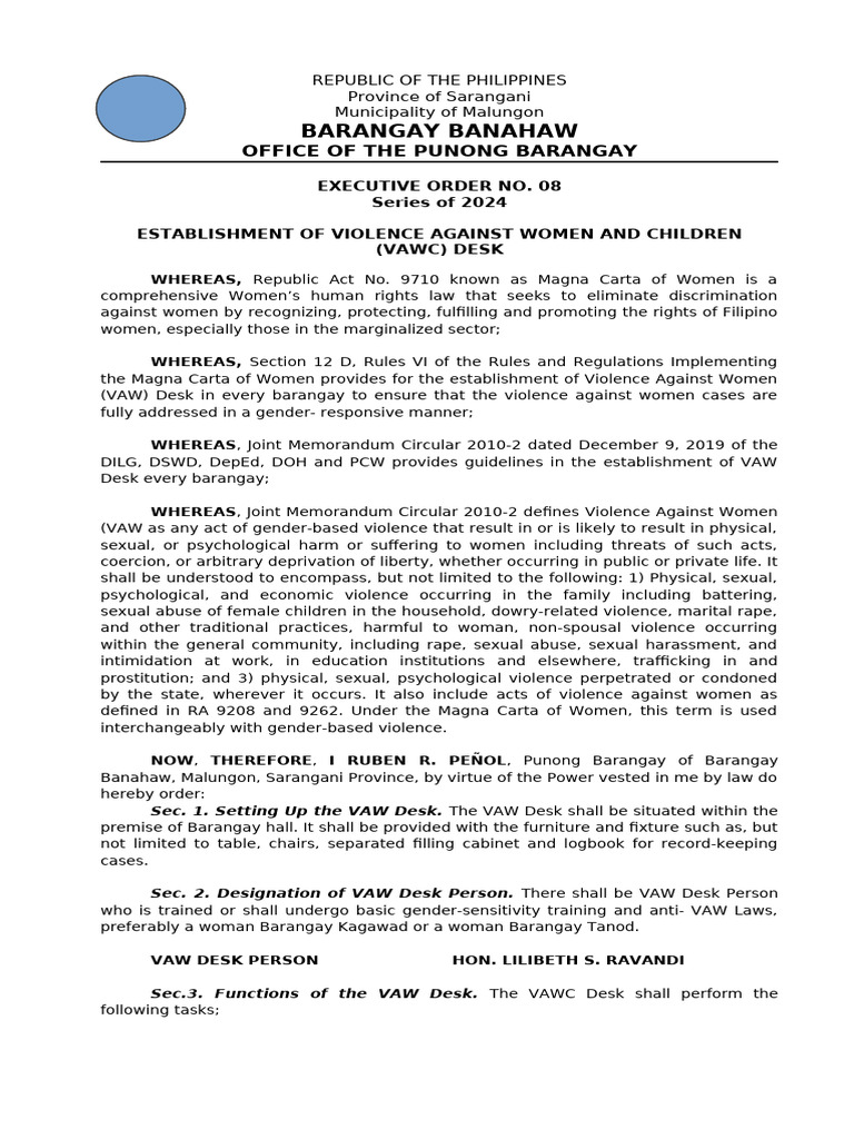Establishment of VAWC Desk in Banahaw | PDF | Violence Against Women ...
