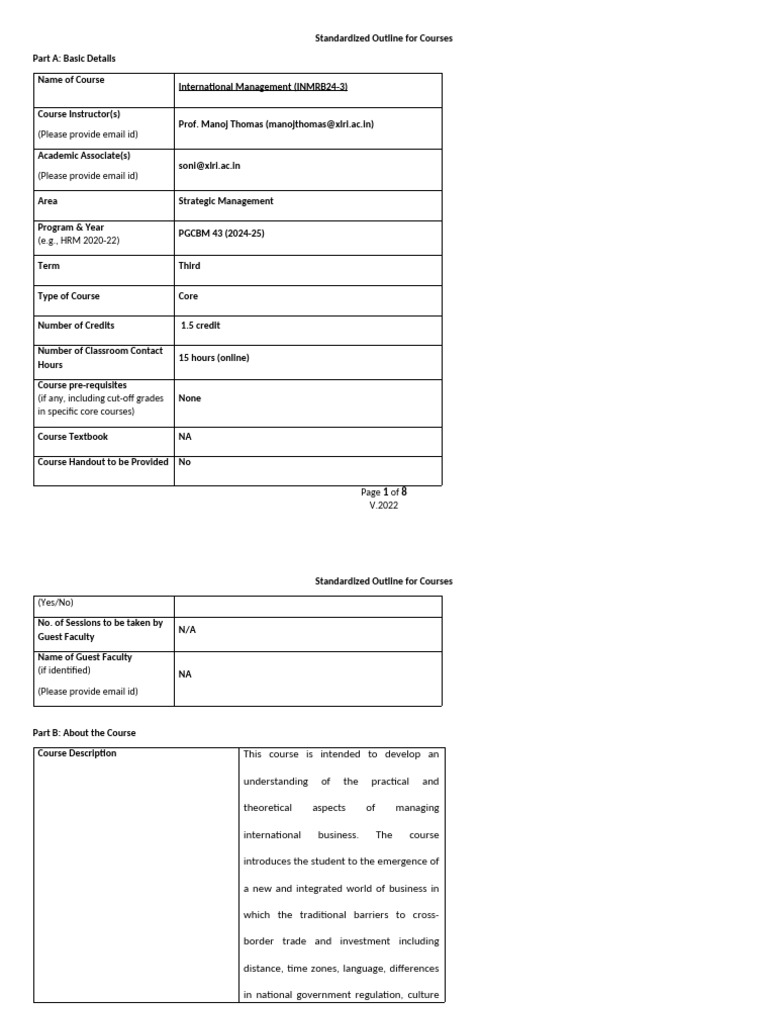 COURSE OUTLINE INM PDF Market (Economics) Cognition