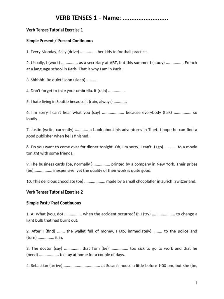 Verb Tenses Practice Exercises | PDF | Verb | Linguistics