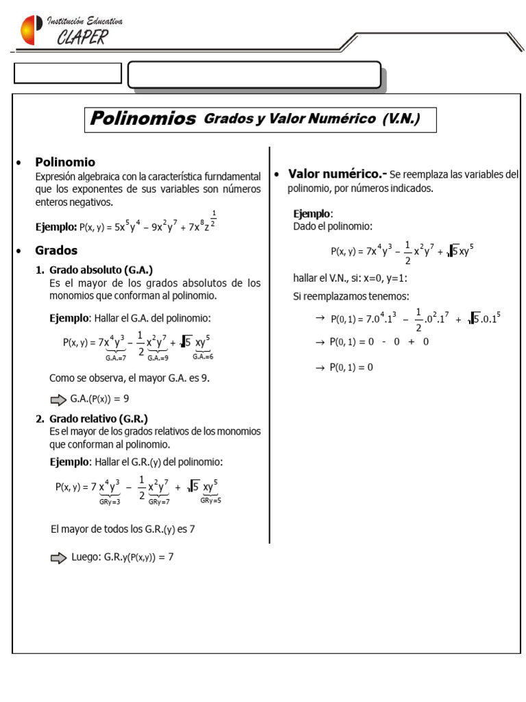Polinomios: Grados y Valor Numérico | PDF | Algoritmos | Matemáticas De ...