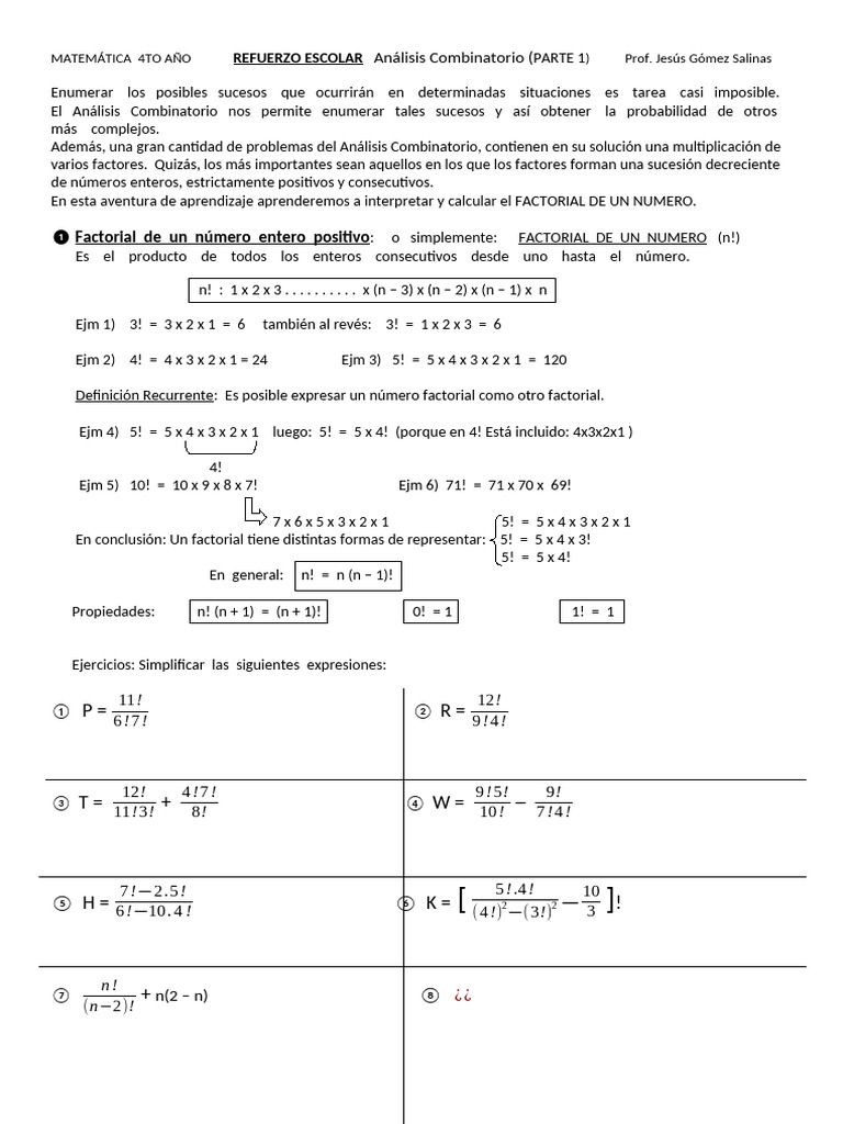 Análisis Combinatorio: Factoriales y Ejercicios | PDF | Combinatoria ...