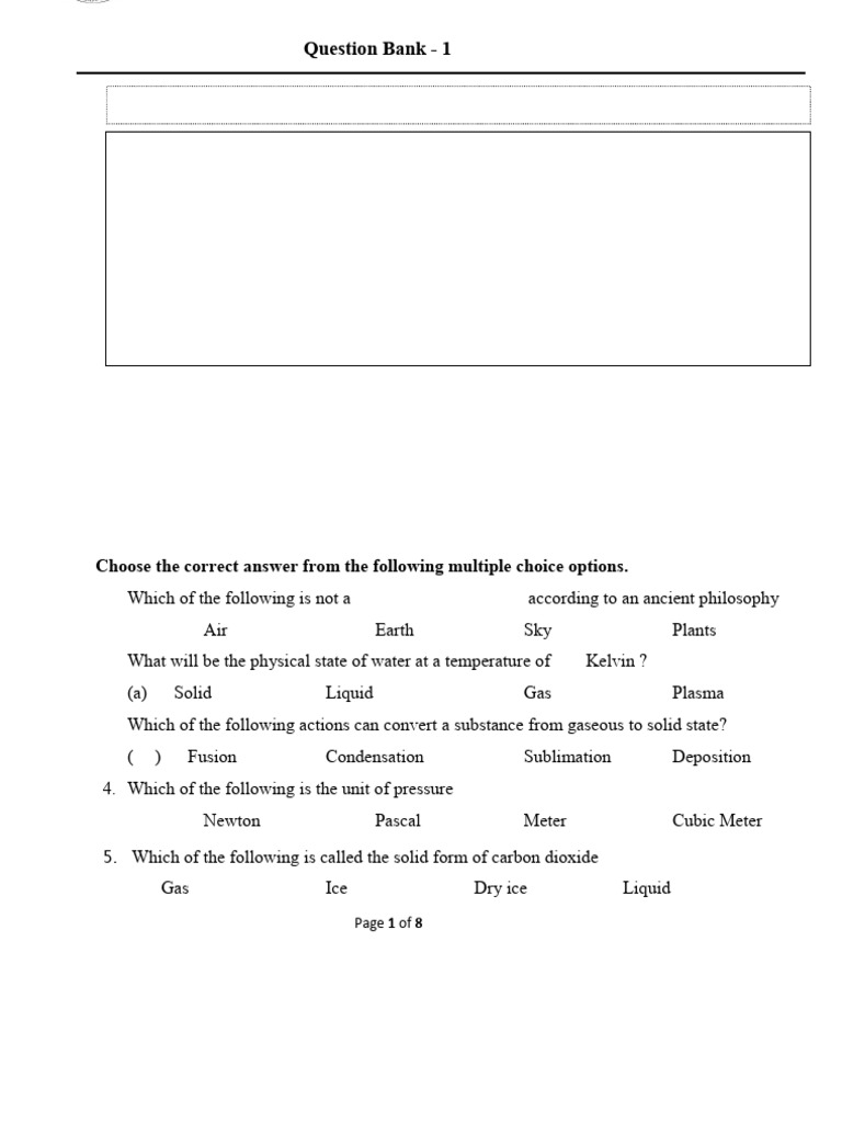 Science Question Bank for Unit Test | PDF | Gases | Liquids
