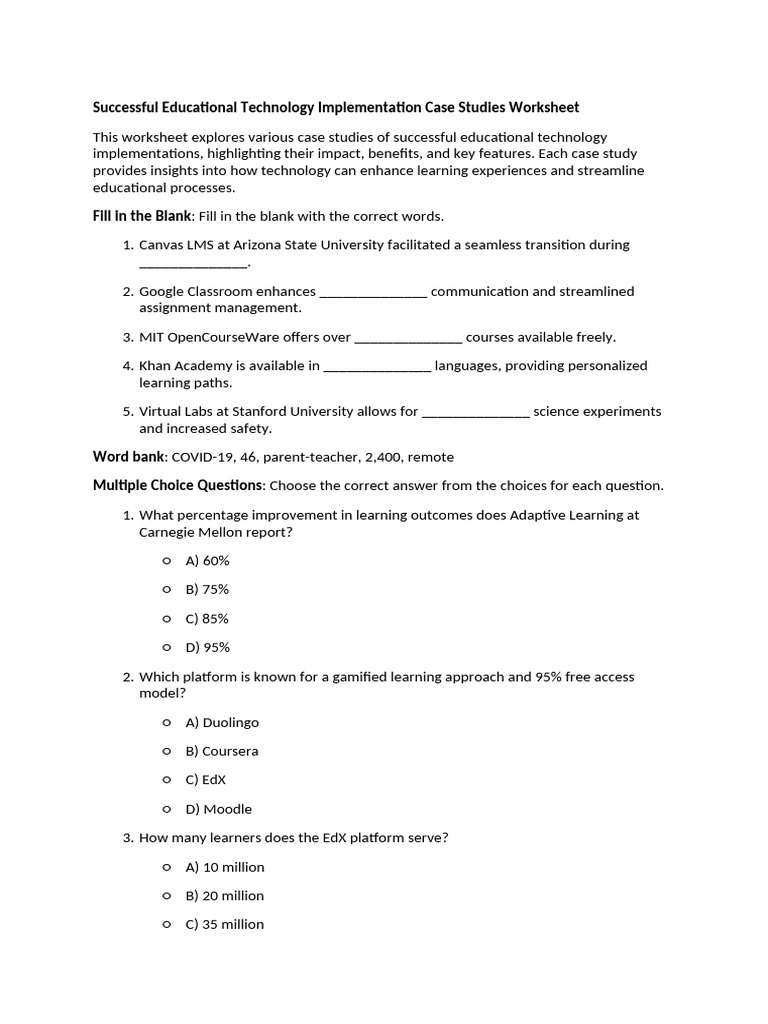Educational Technology Case Studies Worksheet | PDF | Educational ...