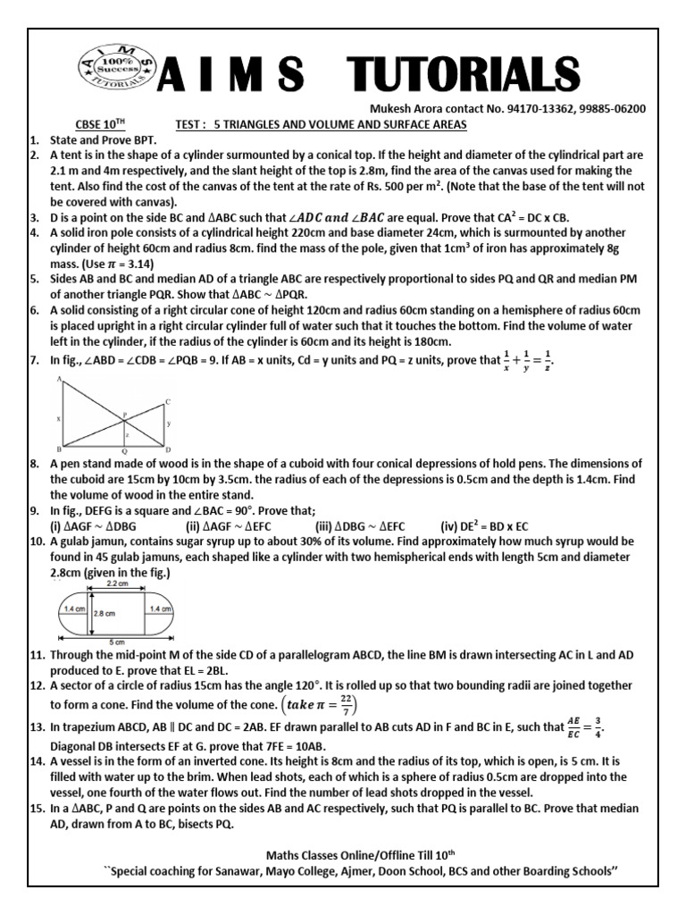 Volume Calculations and Geometry Test | PDF | Sphere | Geometric Objects