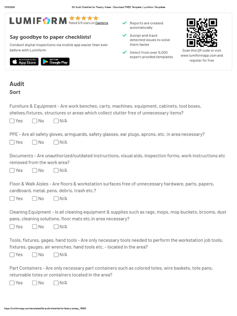 5s Audit Checklist For Factory Areas 16903 | PDF | Inventory