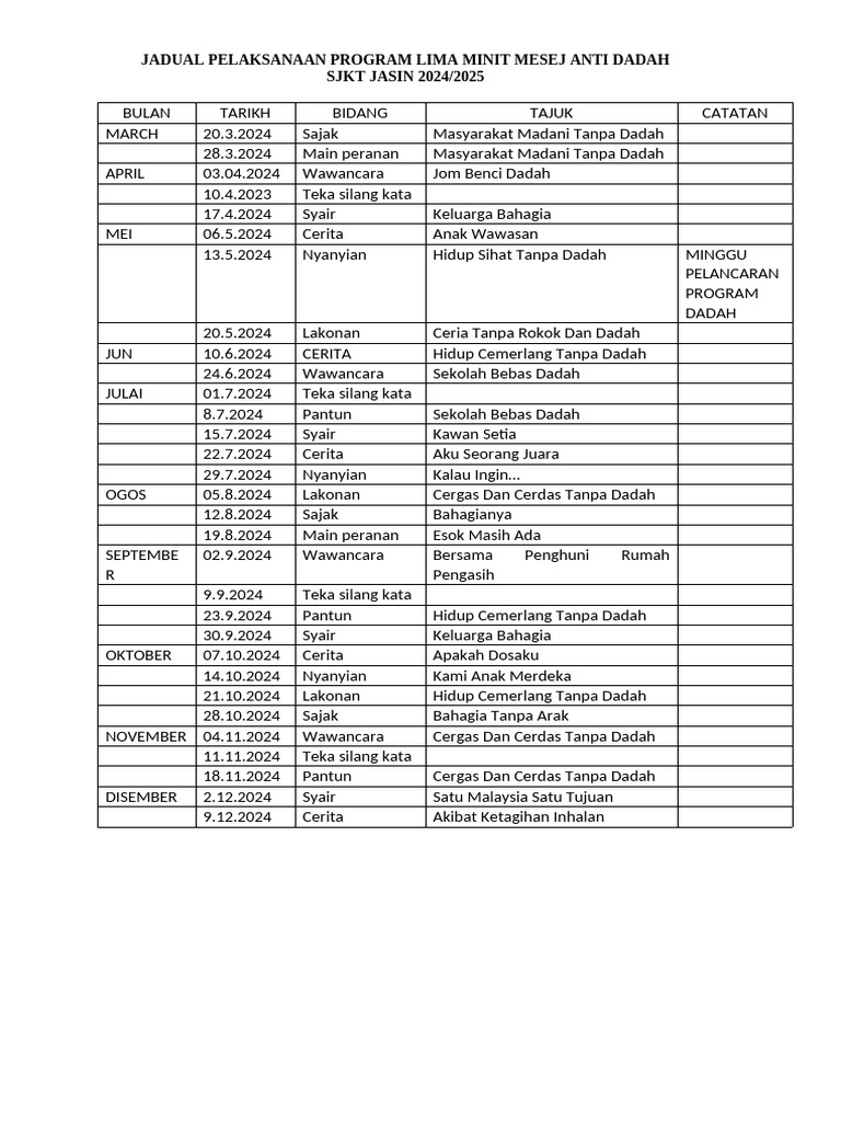 Jadual Program Anti Dadah 2024/2025 | PDF