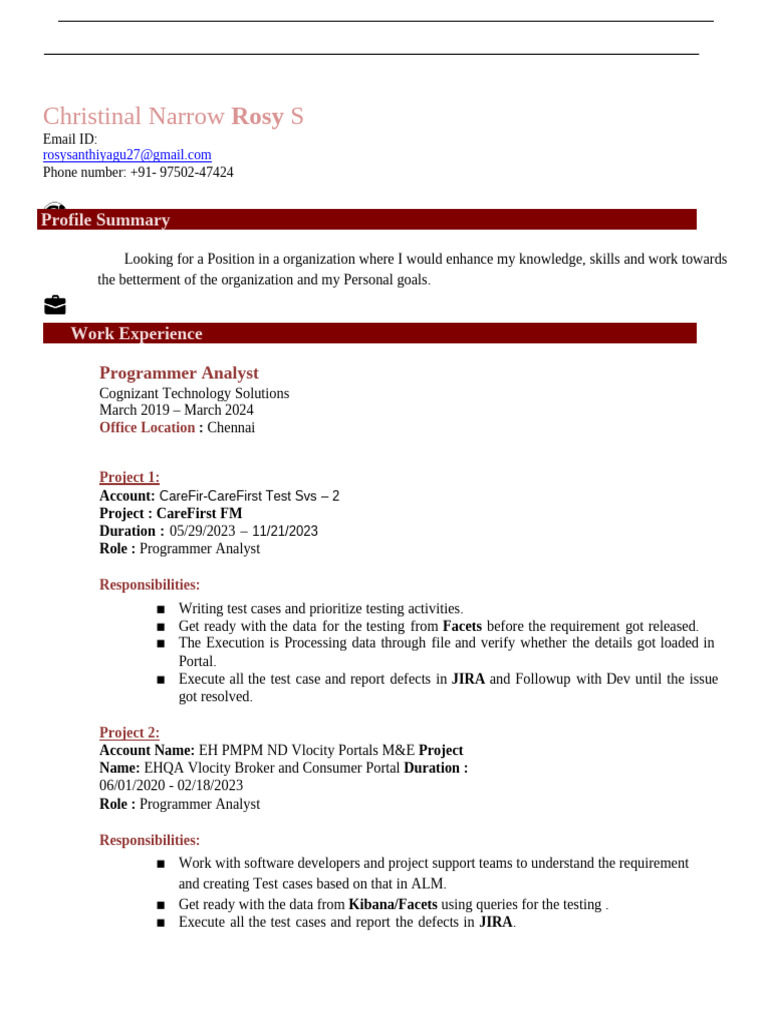 Programmer Analyst Resume of Christinal Rosy | PDF | Information ...