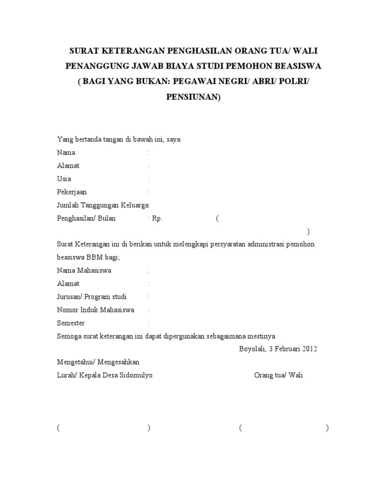 Surat Keterangan Penghasilan Orang Tua | PDF